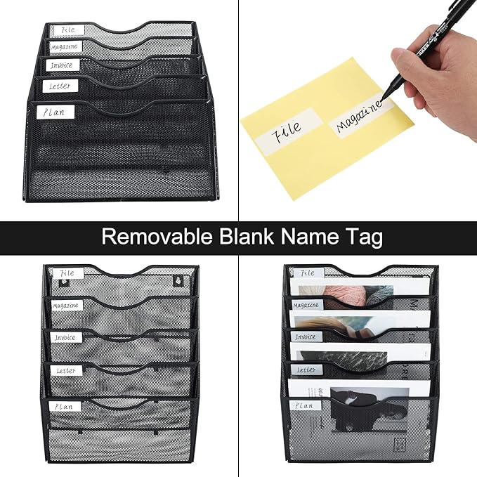 PAG Hanging Wall File Holder Mail Organizer Wall Mount Document Letter Rack, 5-Tier, Black