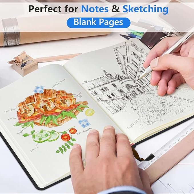 PERCUN Blank Journal Ntebook for Men & Women, 160 Pages Blank Journals for Writing, Drawing,Sketch Book,5.9" x 8.5" Leather Sketchbook, Unlined Notebook for Work, School, Art - Black