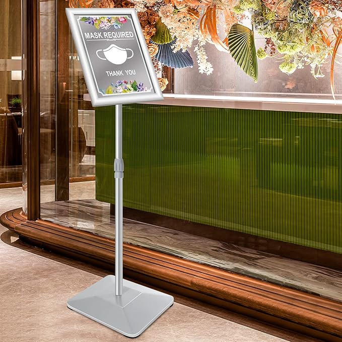 8.5"x11" Pedestal Poster Sign Stand with Heavy Duty Base, Adjustable Sign Holder Standing Floor Sign Stand for Office,Store,School,Church,Public Sign Displayed Stands, Silver
