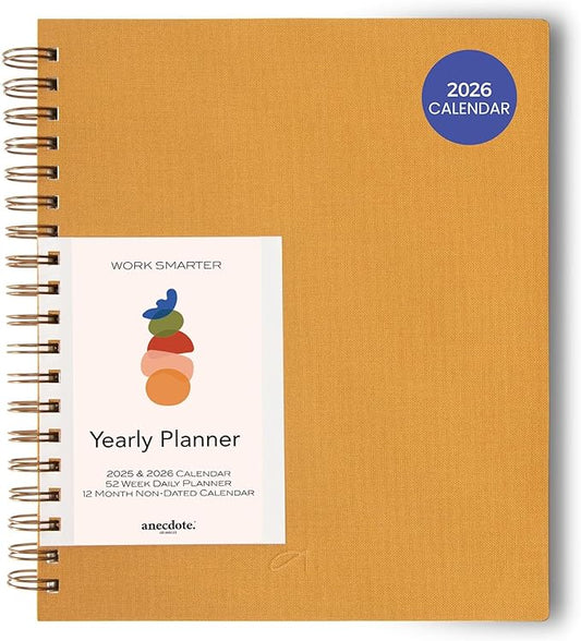 Anecdote 2026 Planner (8.5" x 10") Daily Planner Weekly Monthly Planner - 52 Weeks w/Library Buckram Cover, Brass Spiral - A4 Size Bleed-Resistant Paper – Mustard