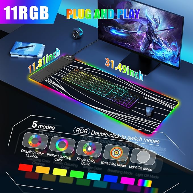 Mouse Pad with Foldable Phone Holder & Wireless Charger, XL RGB Gaming Mousepad 31.5"x11.8" Large Desk Mat for Keyboard, Home Desk Pad with Dual Qi Charging Station | 11 Colors & 5 Modes | Waterproof