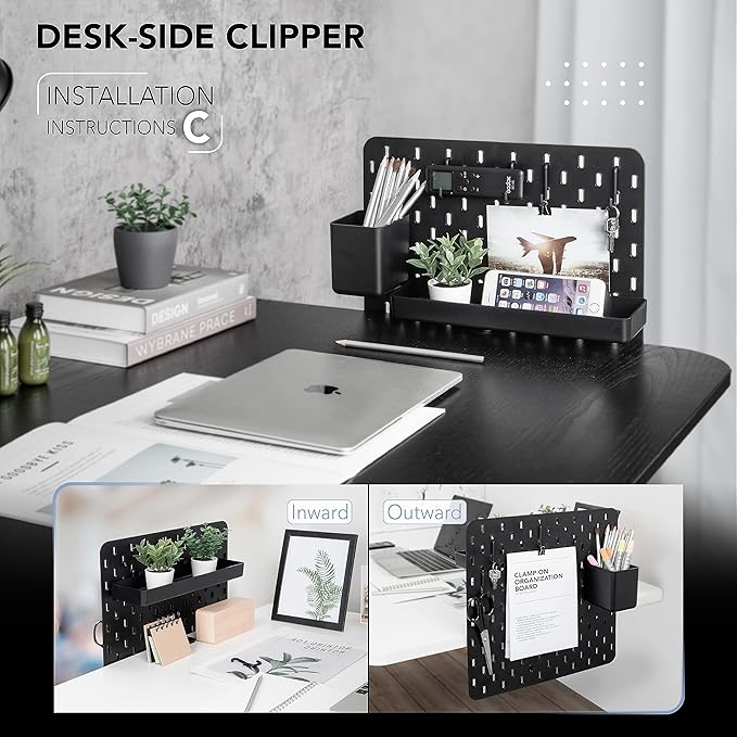 EHO Clamp-On Desk Pegboard, 13.5 x 14 inch Privacy Divider, Desk Partition Panel, No-Drill Desk Mounted Organizer, Combination Peg Board for Office, Gaming, Home, Plants, Black