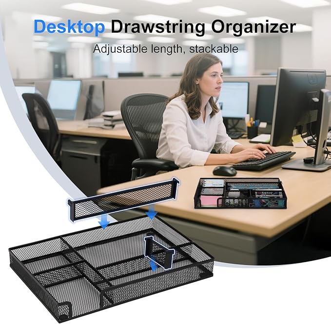 Desk Drawer Organizer Tray, with 2 Adjustable Compartments, Metal Mesh Drawer Organizer, Multifunctional Desktop Drawer Organizer Organizer Set for Office, Home and School Supplies 12.6x8.26x1.57 in