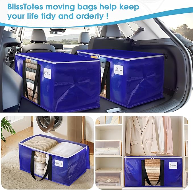 BlissTotes 8 Pack Moving Bags with Clear Window, Storage Bags with Strong Carrying Handles & Zippers,Large Packing Bags for Saving Space, Alternative to Moving Boxes(Blue,20 Gallon)