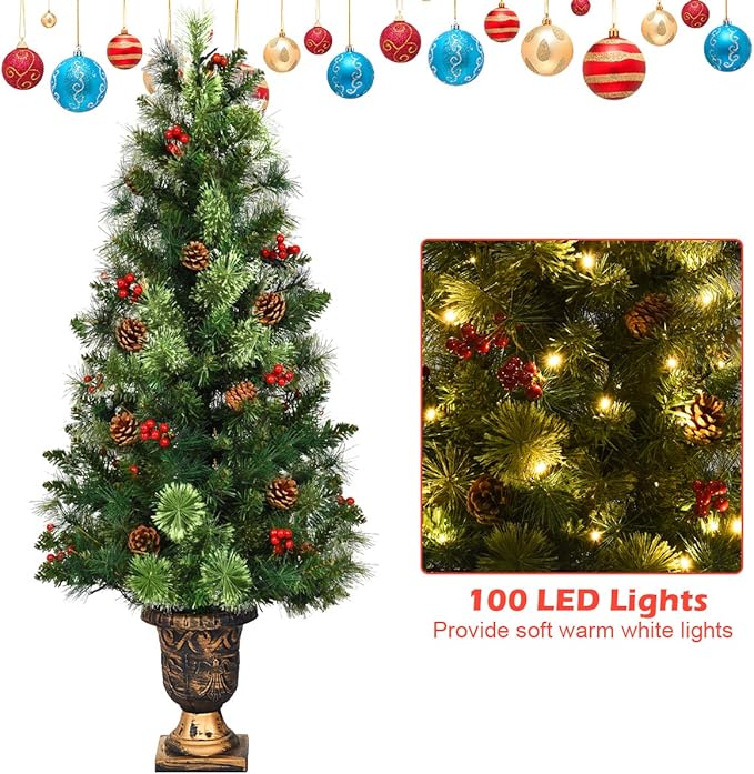 HAPPYGRILL 5FT Pre-Lit Artificial Christmas Tree with Urn Base, Artificial Xmas Tree with 260 Branch Tips, 100 Warm White Lights, Pine Cones, Red Berries, Front Door Porch Entryway Christmas Tree