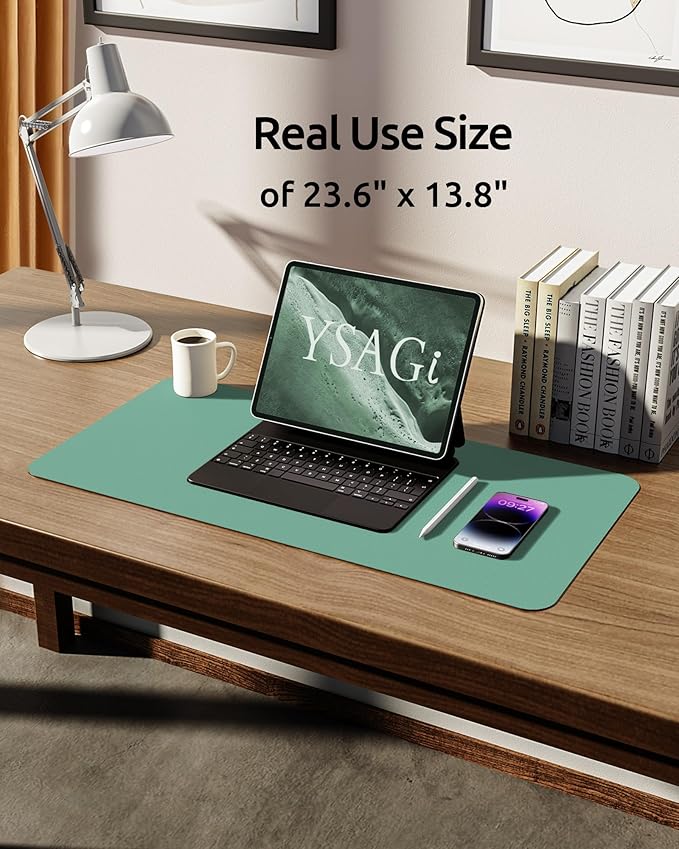 YSAGi Leather Desk Protector, Office Mat, Large Mouse Mat, Non-Slip PU Leather Blotter, Laptop Desk Pad, Waterproof Writing Pad for Office and Home (Green-Blue, 23.6" x 13.8")