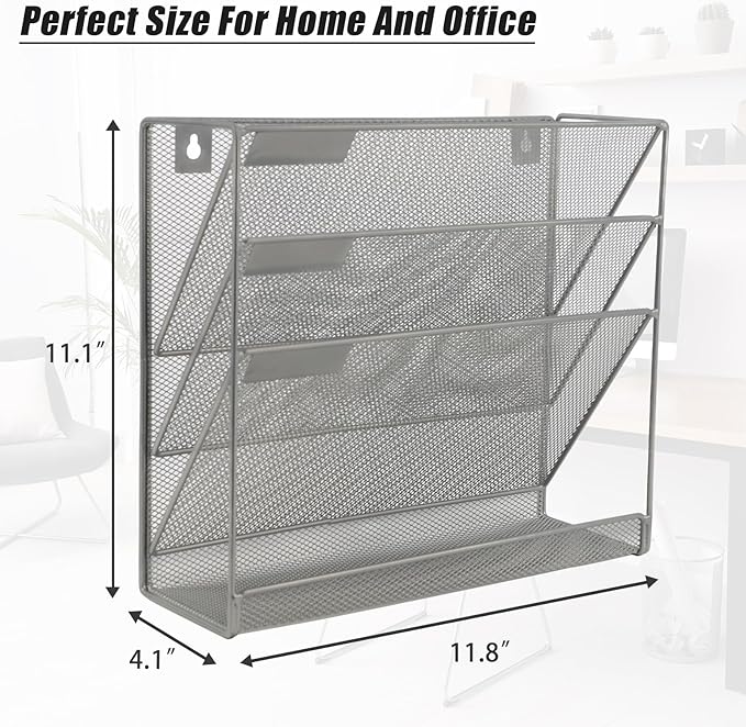 EASEPRES Desk File Organizer Mesh 4-Tier, Hanging Wall Mount Document Organization Stand, Desktop Vertical Mail Paper Folder Holder Rack with Bottom Tray for Office Home Cubicle Countertop, Gray