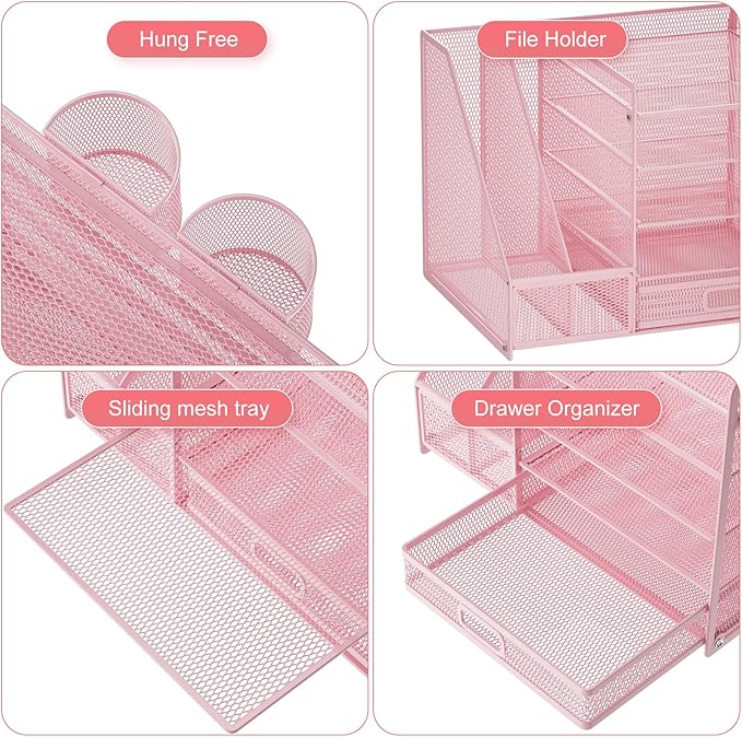 Marbrasse Desk Organizer with File Holder, 5-Tier Paper Letter Tray Organizer with Drawer and 2 Pen Holder, Mesh Desktop Organizer and Storage with Magazine Holder for Office Supplies(Pink)
