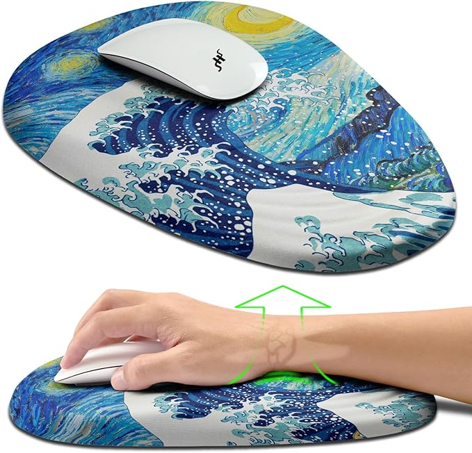 Hokafenle Ergonomic Mouse Pad Wrist Support, Terraced Slope Carpal Tunnel Wrist Pad for Mouse with Unibody Memory Foam, Wrist Rest Pain Relief Mousepad (Starry Night Sea Wave, 11.8x7.9 in)