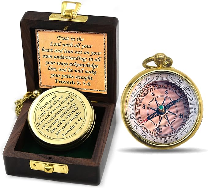 Trust in The Lord With All Your Heart - Proverbs 3:5-6 Quote Engraved Compass With Wooden Box, Greeting Card, Gift Compass, Graduation Day Gifts 2024 for Women Men Boys Girls