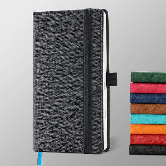 Weekly Monthly 2026 Planner (Jan.26-Dec.26),6.5"x3.75",12 Months Agenda Plan with Month Tabs & Pocket,Expenses/Note Pages, Appointment Book Calendar with Hardcover Vegan Leather Cover,Black