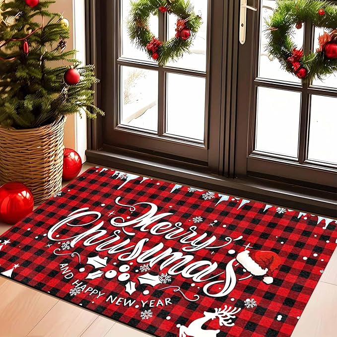 Merry Chirstmas Doormat Buffalo Plaid Door Mat for Front Door, Front Porch Rugs Easy Clean Welcome Mats Outdoor Rug Indoor Outdoor Winter Decor, 18" x 30"Inch