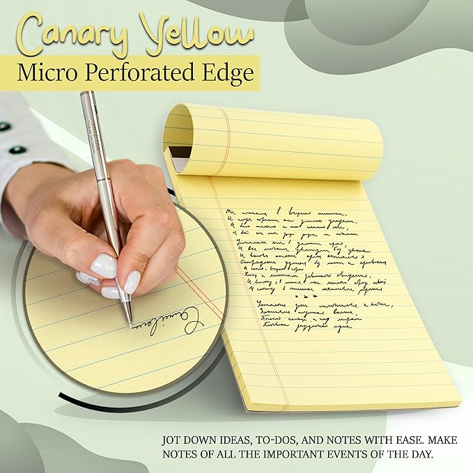 Emraw Jr. Legal pad, legal/wide Ruled Writing Pad. Perforated Edge. 5" X 8" Canary Yellow, Universal, Junior Size 50 sheets per Pad (Pack of 6)