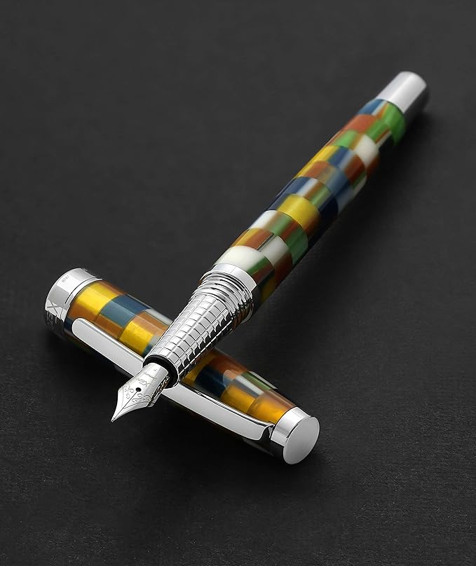 Xezo Urbanite II Fountain Pen, Fine Nib. Jazzy Multicolor Checkered Acrylic on Brass. Chrome Plated. Handcrafted, Limited Edition, Serialized
