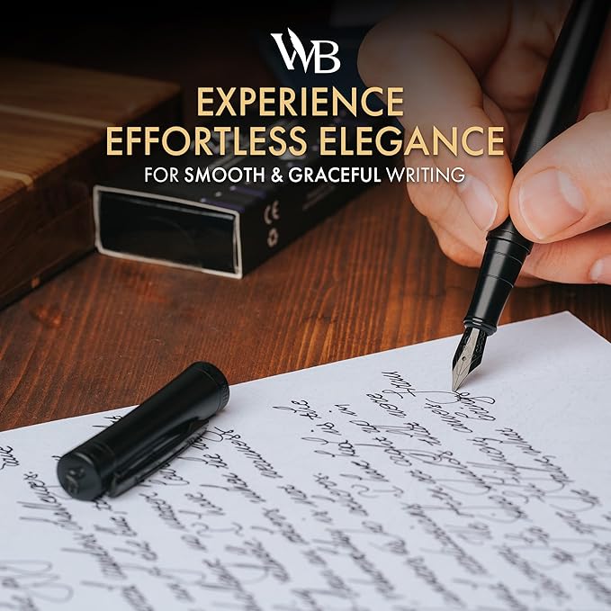 Wordsworth & Black Fountain Pen Set, Broad Nib, Includes 24 Pack Ink Cartridges, Ink Refill Converter & Gift Box, Calligraphy, [All Black], Perfect for Men & Women