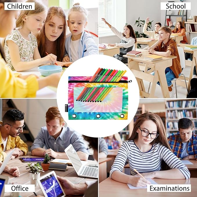 Tie Dye Pencil Pouch for 3 Ring Binder, 2 Pack Waterproof Pencil Bags Clear Window Zipper School Office Supplies