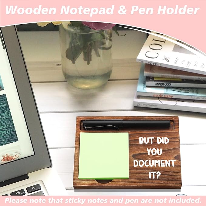 Sticky Note Holder Wooden Notepad & Pen Holder 6.5" x 4.7" Sticky Note Pad Holder Dispenser for Desk Work Humor Gifts, NPA178