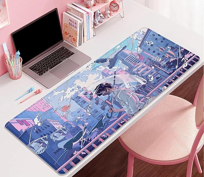 Japanese Fantasy City Boy Mouse Pad Desk Pad,Cute Kawaii Anime Mousepad,Large Extended Gaming Mouse Mat with Stitched Edges Non-Slip Waterproof Rubber Base Mous Mat for Desk Pad(27.5X11.8 in)