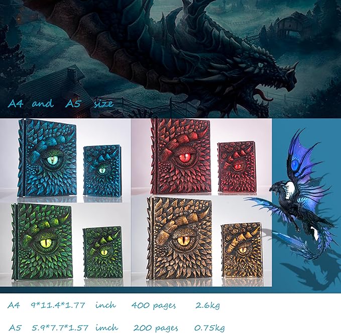 3D Dragon Eye Embossed Journal,Resin Engraving Notebook,Dnd notebook for Dragon Lovers ，Blank Paper,Hardcover Travel Notepad for Writing,Sketchbook,Collection,Gift,Decoration A4 and A5 Size (A5-Green)