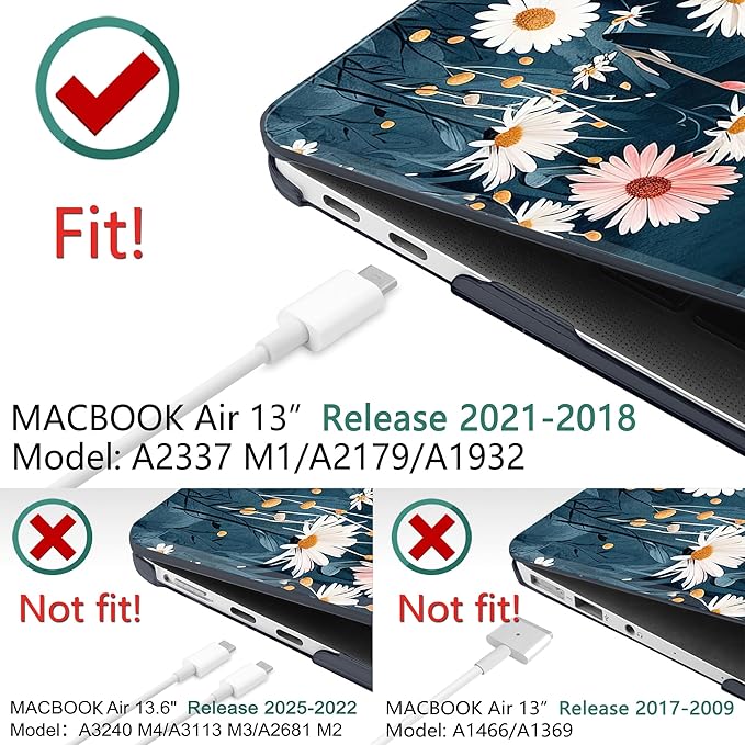 DONGKE Compatible with MacBook Air 13 inch Case 2021 2020 2019 2018 Release A2337 M1 A2179 A1932 with Retina Display & Touch ID, Plastic Hard Shell & Keyboard Cover - Sun & Daisie