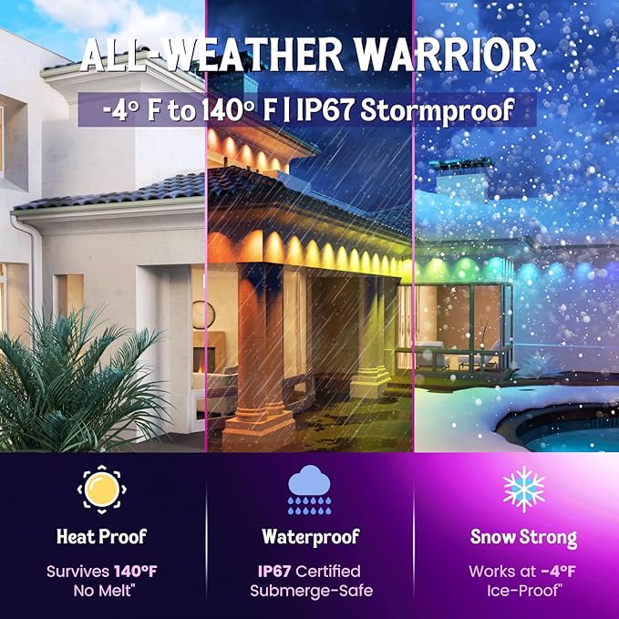 HUTAKUZE Permanent Outdoor Lights, 100ft RGB Outdoor Christmas Lights with 60 LED Light, IP67 Waterproof LED Eaves Light, DIY Scene Modes for Halloween Decor, Smart APP & Remote Control