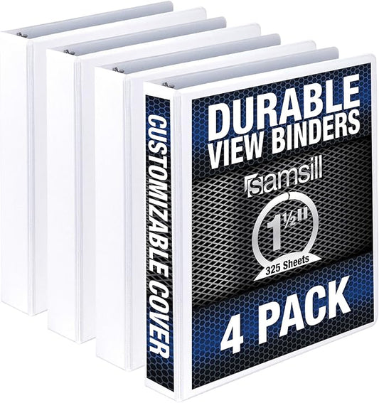 Samsill Durable 1.5 Inch Binder, Made in the USA, Round Ring Customizable Clear View Binder, White, 4 Pack (MP48457)