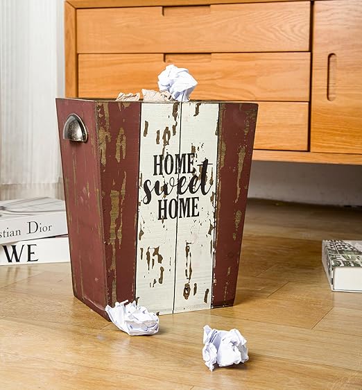 Small Wood Trash Can Wastebasket, Farmhouse Rectangular Garbage Can Waste Basket, Rustic Distressed Wooden Trash Recycling Bin with Metal Handles, Home Sweet Home Wood Storage Basket (Distressed)