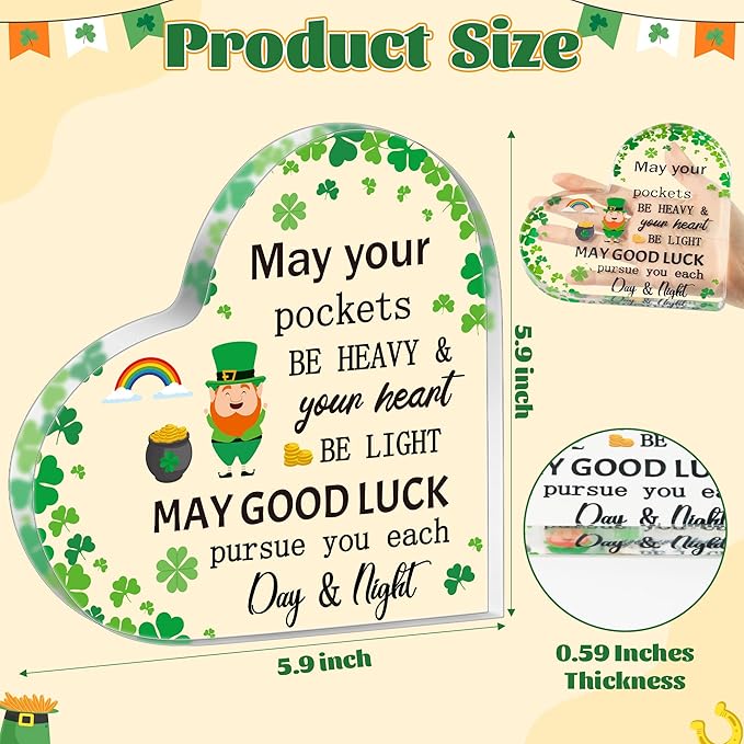 Yopyame St. Patricks Day Gifts - Irish Blessing Four Leaf Clover Acrylic Heart Sign Desk Decor May Your Pockets Be Heavy Shamrocks Keepsake Paperweight for Women Home Table Office Desk Shelf Mantle