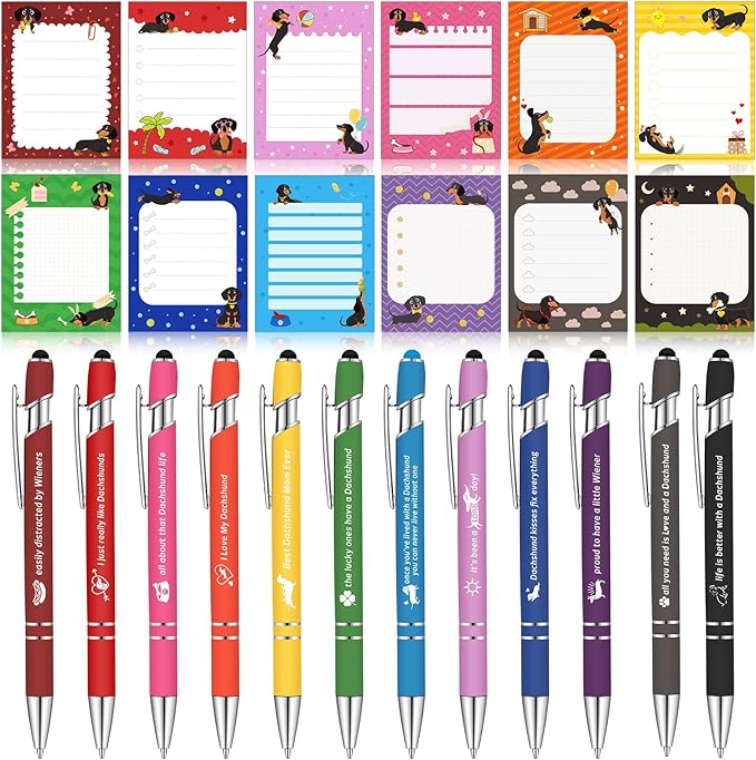 Geyee 24 Pcs Dachshund Sticky Notes with Funny Pens Fun Notepads for Adults Dog Lover 3 x 4 Inch to Do List Notepads with Sayings Pen for Christmas Lab Week Gifts Home Office Supplies