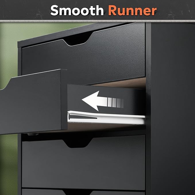 DEVAISE 5-Drawer Chest, Wood Storage Dresser file Cabinet with Wheels, Mobile Dresser for Home Office, Black