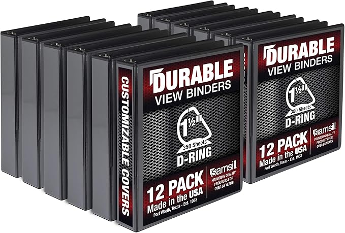 Samsill Durable 1.5 inch 3 Ring Binder, Made in USA, D Ring Binder, FSC 100% Recycled Chipboard, Black, 12 Pack