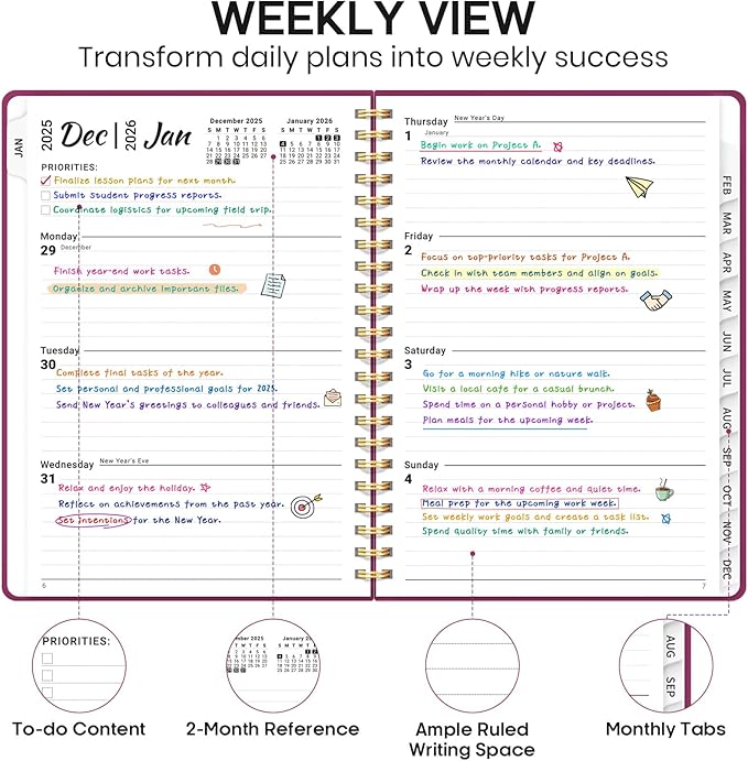 2026 Planner 8.5" x 11", Weekly and Monthly Calendar Planner Book, January 2026 - December 2026, Hardcover Spiral Planner with Monthly Tabs, Notes Pages, Perfect for Women & Men, A4 - Raspberry
