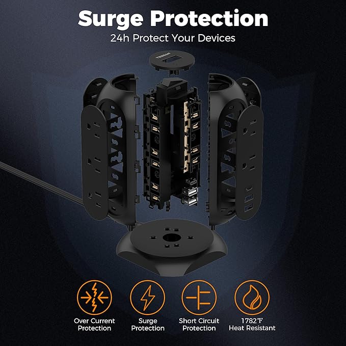 TESSAN Surge Protector Power Strip Tower with 3 USB Ports 11 Outlets, 1875W/15A, Black Extension Cord 6 Feet, 1050J Protection Desktop Charging Station for Office School Dorm Room Essentials