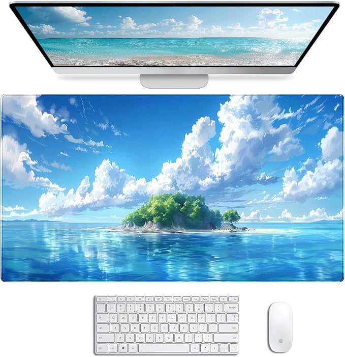 Healing Blue Sky Forest Sea Beach Scenery Keyboard Pad, Extended Office Computer Gaming Desktop Mouse Pad 35.4 x 15.7 Inches Non Slip Rubber Base with Stitched Edges