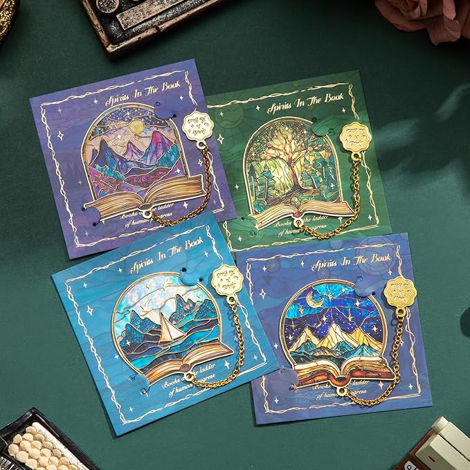 4pcs Metal Bookmarks with Chain, Inspirational Book Marks Set Featuring Books, Mountains, Stars, Forest & River - Perfect Book Markers Gift for Book Lovers, Readers, Kids, Teens, Men, Women, Adults