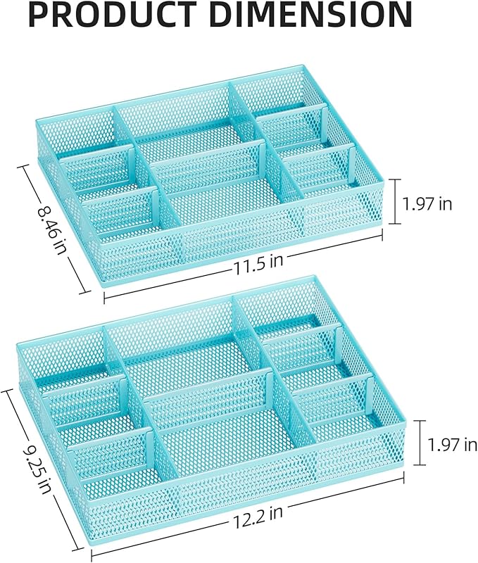 Marbrasse 2 Pack Desk Drawer Organizer, Mesh Drawer Organizer Tray with 8 Adjustable Compartments, Desk Organizers and Accessories, 5 Dividers Drawer for Office Supplies, Makeup & Vanity (Blue)