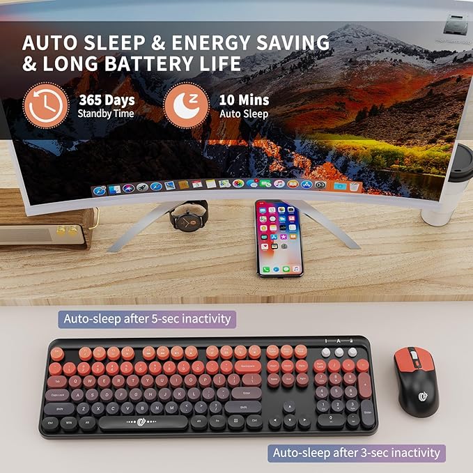 Wireless Keyboard and Mouse Combo, 104 Round Keys Cute Colorful Keyboard and Mouse with Retro Typewriter for PC/Mac/Laptop/Tablet/Computer/Windows Black Red