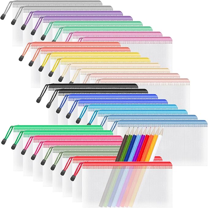 Umriox 32PCS 16 Color Mesh Zipper Pouch Bags, Pencil Pouches Bulk, Pencil Bags with Zipper for Office Supplies and Tavel Storage