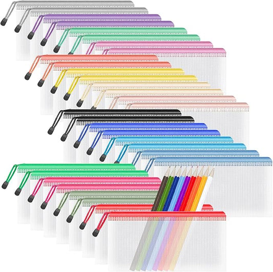 Umriox 32PCS 16 Color Mesh Zipper Pouch Bags, Pencil Pouches Bulk, Pencil Bags with Zipper for Office Supplies and Tavel Storage