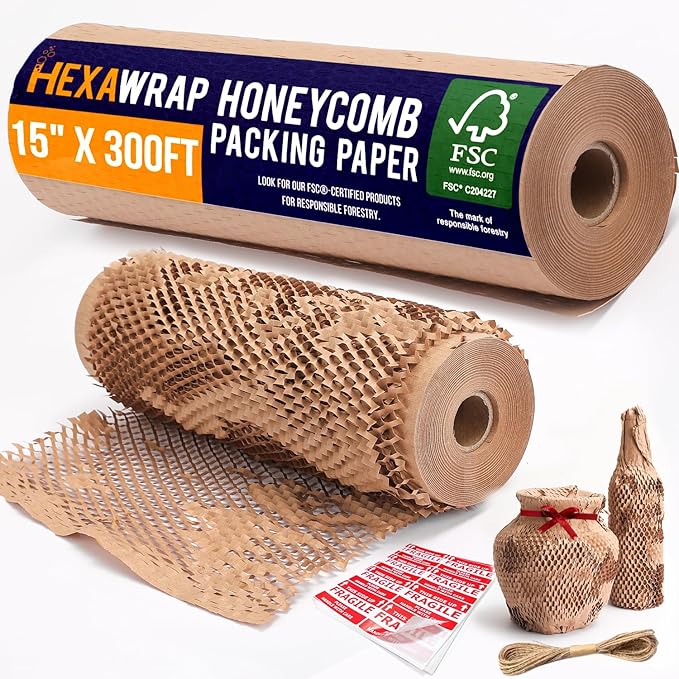 Honeycomb Packing Paper 15" x 300ft with Rope & 20 Fragile Stickers|Shipping & Moving Supplies|Small Business Packaging Supplies|Eco Friendly Bubble Wrap Packing Boxes for Moving Certified FSC C204227