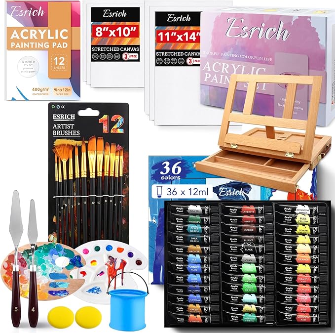 ESRICH Acrylic Paint Set, 74 PCS Professional Paint Supplies with Paint Brushes, Acrylic Paints, Easel, Canvases, Painting Pads, Palette, Paint Knives, Brush Cup and Art Sponge for Hobbyists Beginners