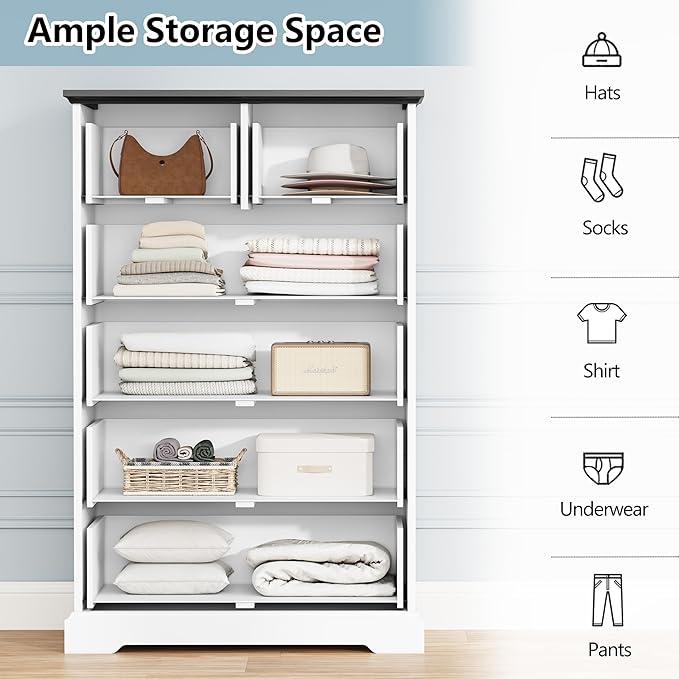 6 Drawer Dresser for Bedroom, 43" Tall Wooden Chest of Drawers, Rustic Farmhouse Dresser with Large Drawers & Metal Handles, Modern Storage Organizer for Closet, Living Room, Hallway, White