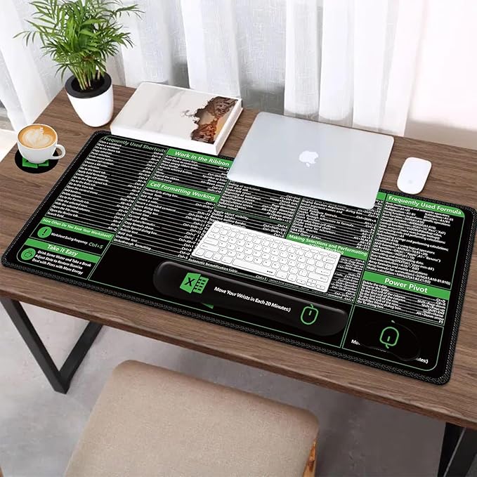 AIMSA Excel Shortcuts Cheat Sheet Mouse Pad, Large Keyboard Shortcut Keys Desk Mat+ Mouse Pad with Wrist Rest+ Keyboard Wrist Rest Support+ Coaster, Ergonomic Multifunctional Mousepad