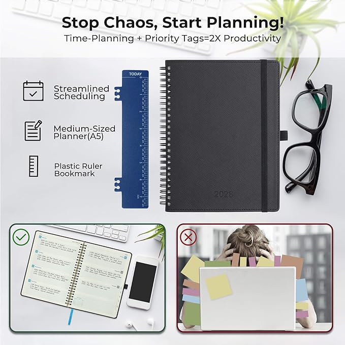 Planner 2026 Daily Weekly and Monthly,8.5"x6.5",12 Months Spiral Bound Calendar Agenda with Self-adhesive Pen Holder,2026 Appointment Book with Vegan Leather Soft Cover,Black