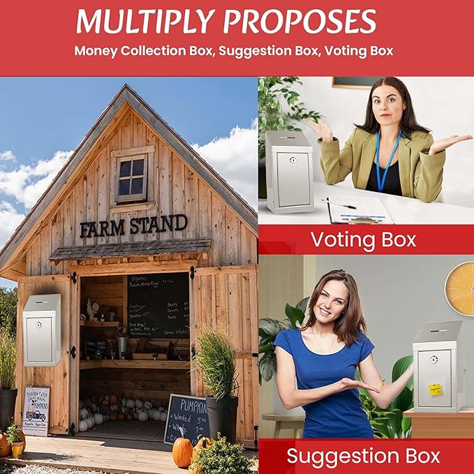 Metal Donation Box-Suggestion Box with Slot and lock-Cash Lock box for Money-Secure Drop Box-Comment and ballot voting box-comes with pre-drilled holes for easy wall mounting 10 X 6 X 2.5"(Off White)