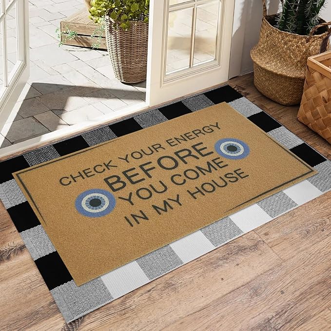 2 Pcs Check Your Energy Door Mat 30 x 17 Inch Evil Eye Door Mat Funny Welcome Coir Doormats for Front Doors Nonslip 2-in-1 Buffalo Plaid Rug for Outside Entrance Porch Rubber Backing Home Decor