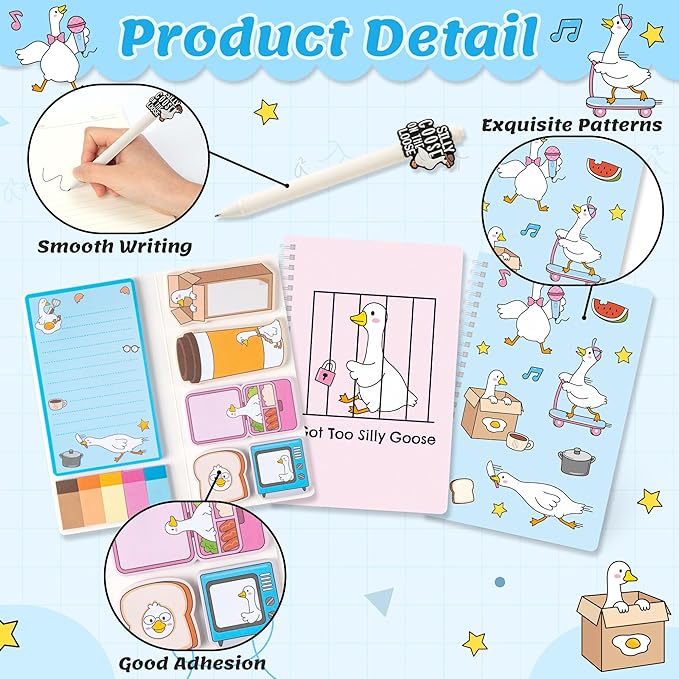 B1ykin Stationery Gift Set - 3Pcs Notebook Sticky Notes, A5 Spiral Notebooks & 550 Sheets Cute Sticky Notes with Pens Kit for Office School Teacher Thanksgiving Supplies (Funny Goose)