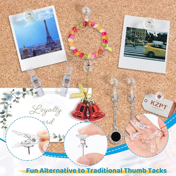 240Pcs Clear Thumb Tacks,5 Style Thumbtacks, Clear Plastic Push Pins for Cork Board, Bulletin Boards, Wall