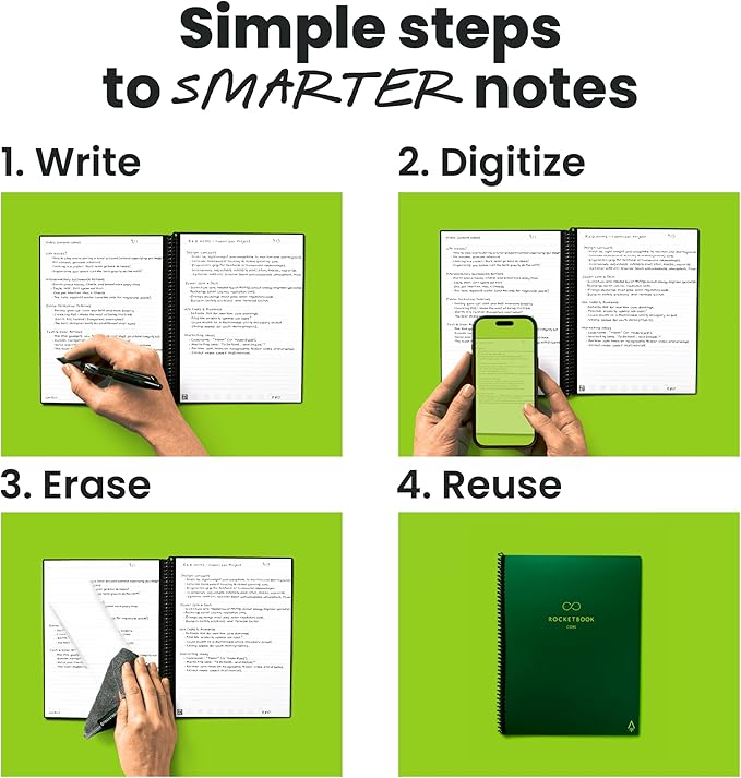 Rocketbook New Core Reusable Spiral Notebook, Letter Size 8.5x11, Green - Lined Pages, App-Connected, Erasable, Durable Cover, Ideal for School, Work, and Creative Projects