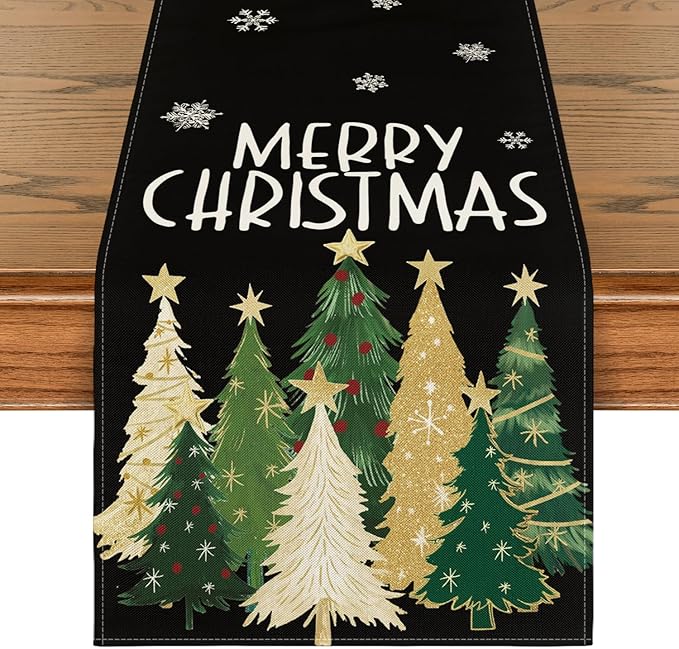 Artoid Mode Xmas Trees Snowflakes Black Merry Christmas Table Runner, Winter Seasonal Kitchen Dining Table Decoration for Home Party Decor 13x72 Inch